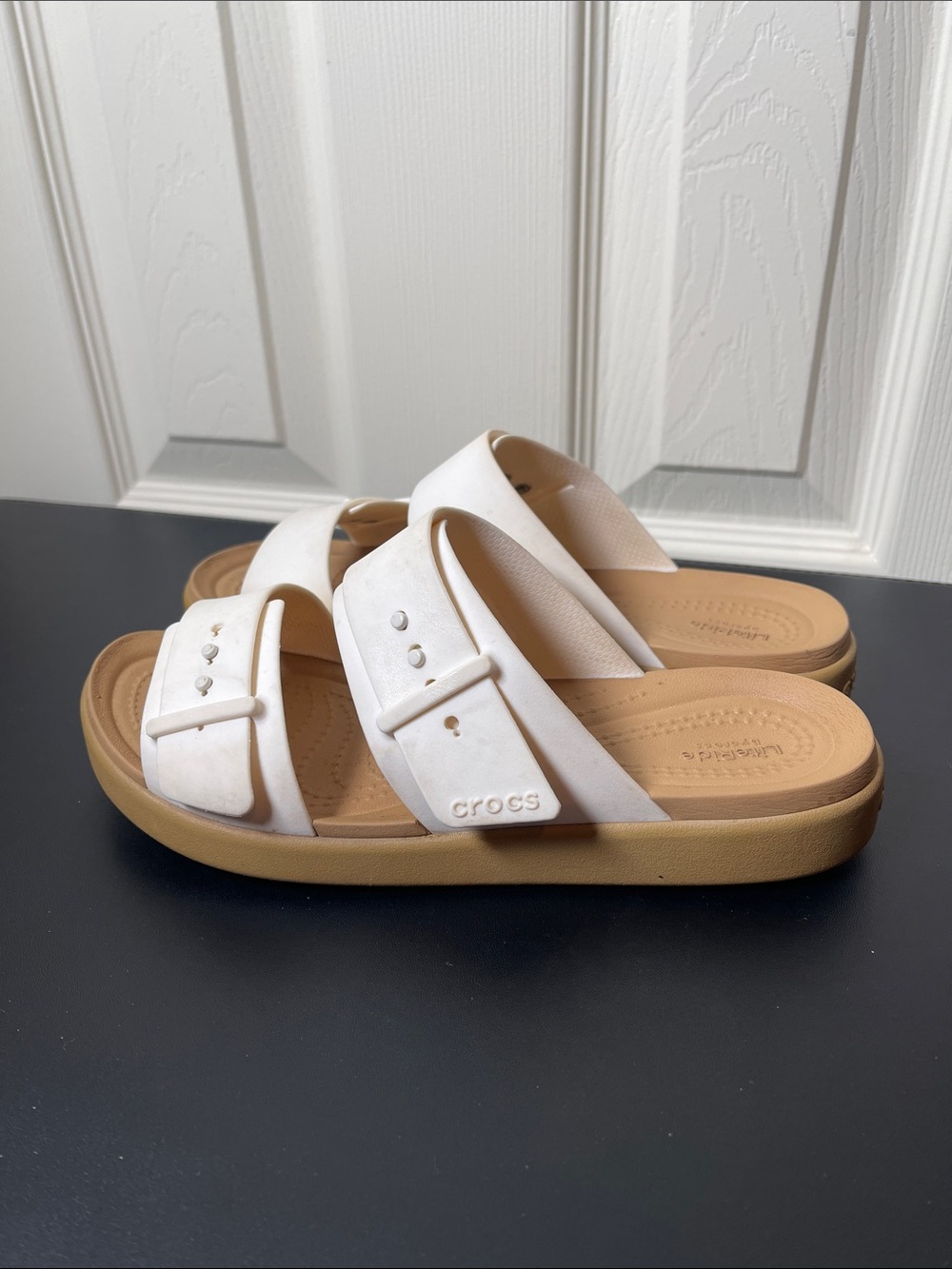 CROCS Women's White Double-Buckle Slide Sandals - Picture 3 of 5